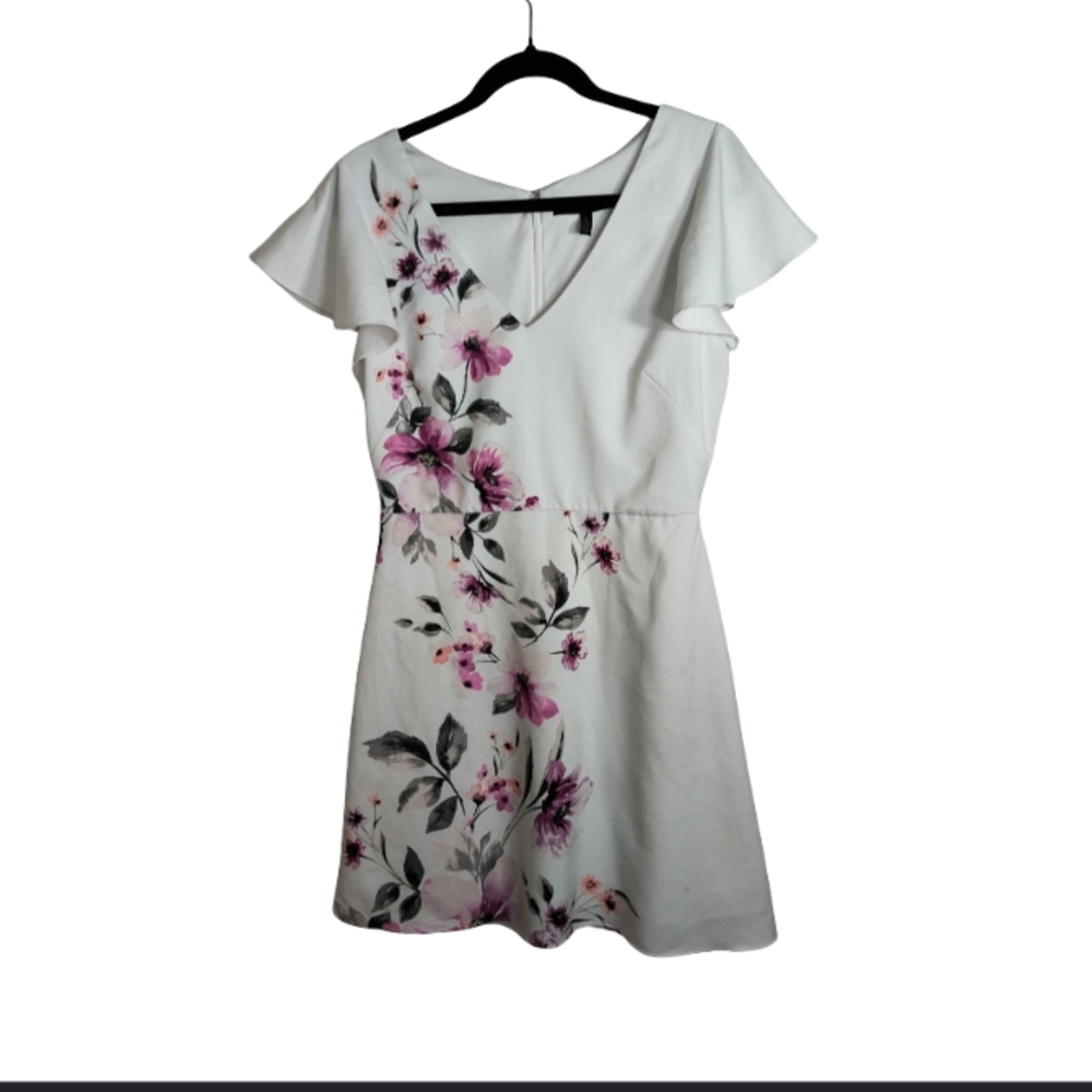 White House Black Market Asymmetrical White Dress with Pink/Purple Floral Design